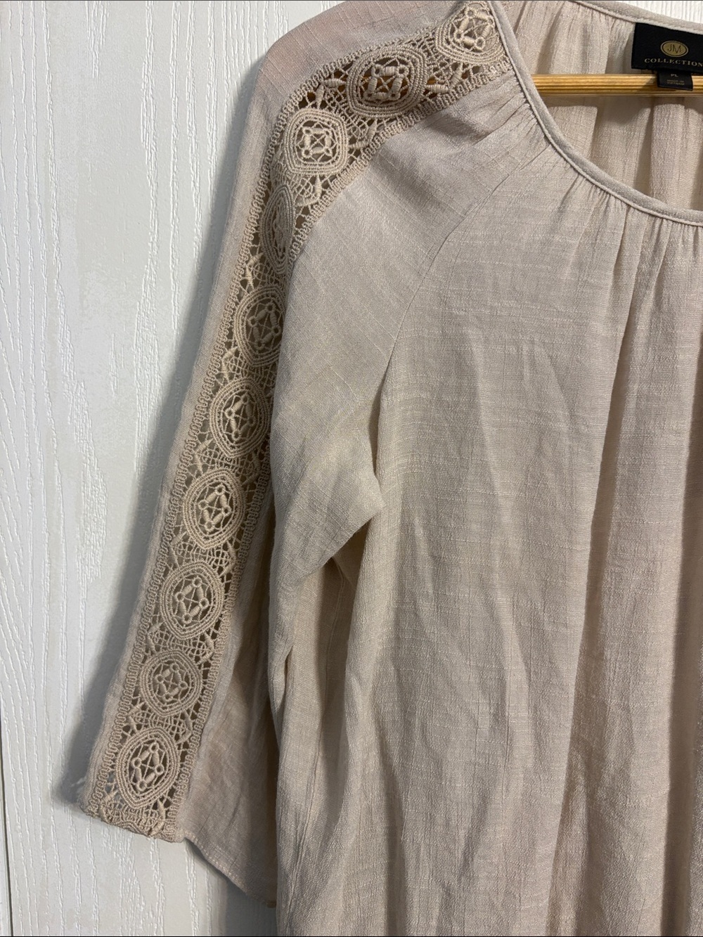 JM Collection Beige Lace-Trim Peasant Blouse - Picture 3 of 6